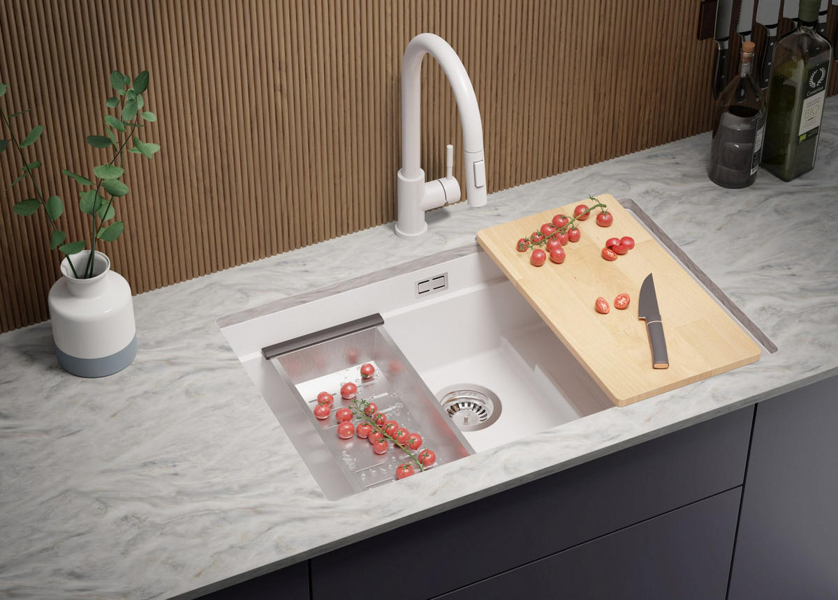 UNTERBAUSPÜLE GRANIT Praga, 2-er set Weiß 76/47 cm 1 Becken + Küchenarmatur 38/14 cm + Ablauf-Set + Aufrollbare Abtropffläche ab 80er Unterschrank - Chromfarben/Weiß, Kunststoff (76/20/47cm) - Primagran