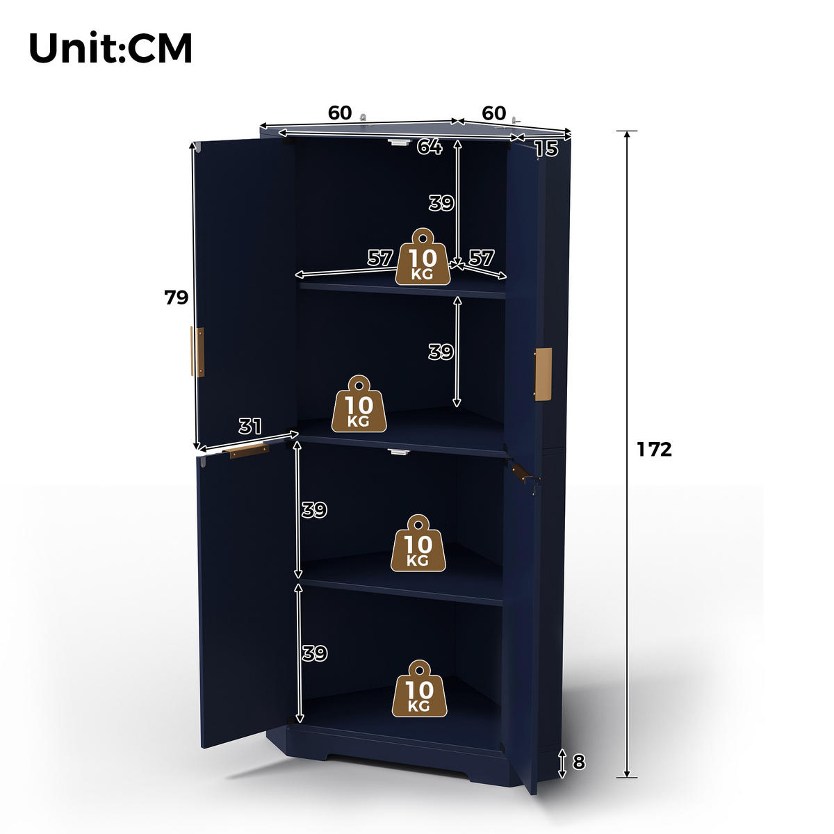 HIGHBOARD DE-38719 60/60/172 cm 4 Türen und verstellbare Böden Blau - Blau, Holzwerkstoff (60/172/60cm) - ComfortXL