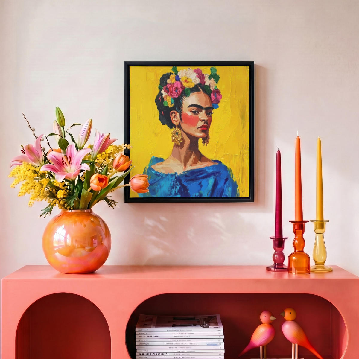 LEINWAND Bilder mit Rahmen - Frida Kahlo - Frau - Gelb - Blau - Blumen - 20x20 - Gelb, Textil (20/20cm) - MuchoWow