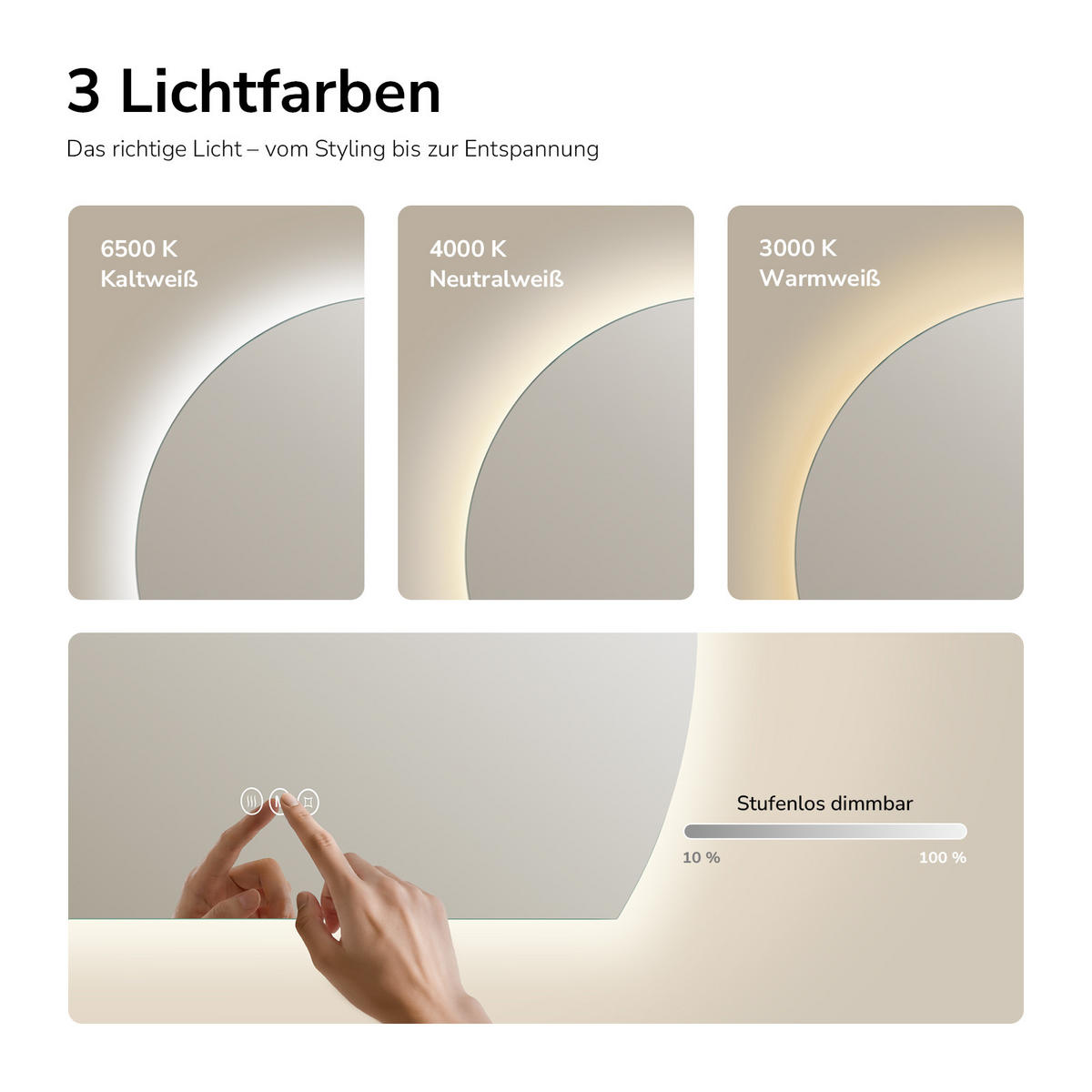 BADSPIEGEL LED 90 x 73 cm mit 3 Lichtfarben, Antibeschlagfunktion und Touch-Schalter - Transparent, Glas (90/73/2.5cm) - EMKE