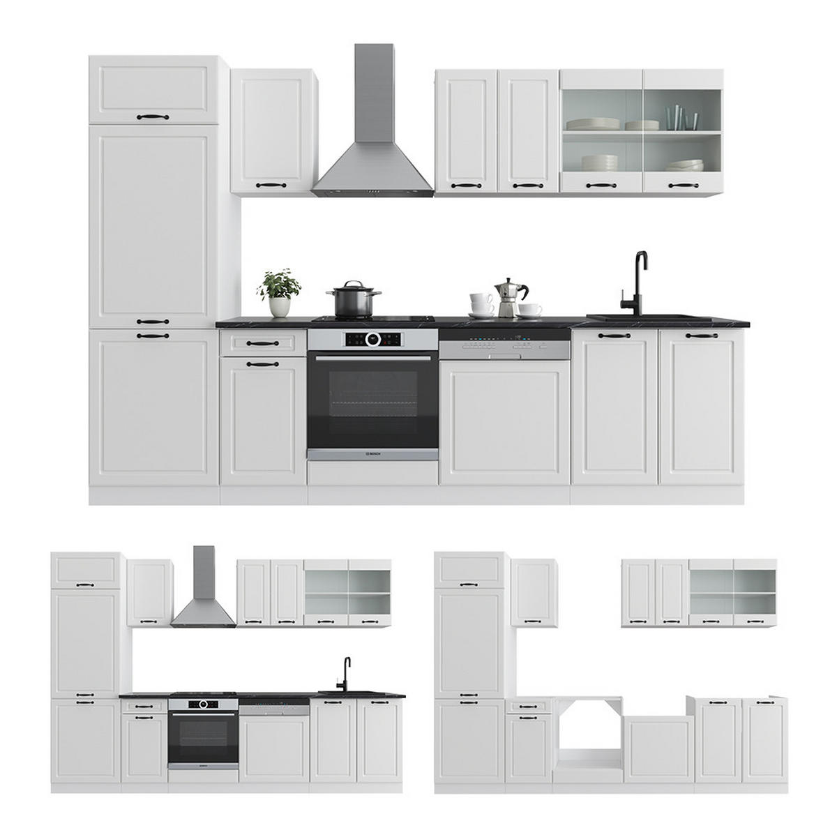 KÜCHENZEILE R-Line Weiß Landhaus/Weiß 300 cm ohne AP - Creme/Weiß, Holzwerkstoff (300/81.6/46cm) - Vicco
