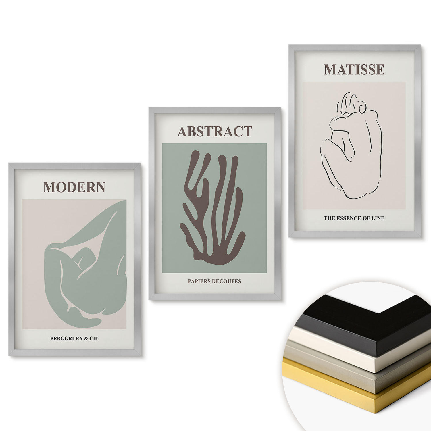 WANDBILDER 3er Set - 40x60 cm Silberner Rahmen - Matisses stilvolle abstrakte Gemälde - Silberfarben, Kunststoff (40/60cm) - ArtPrintCave