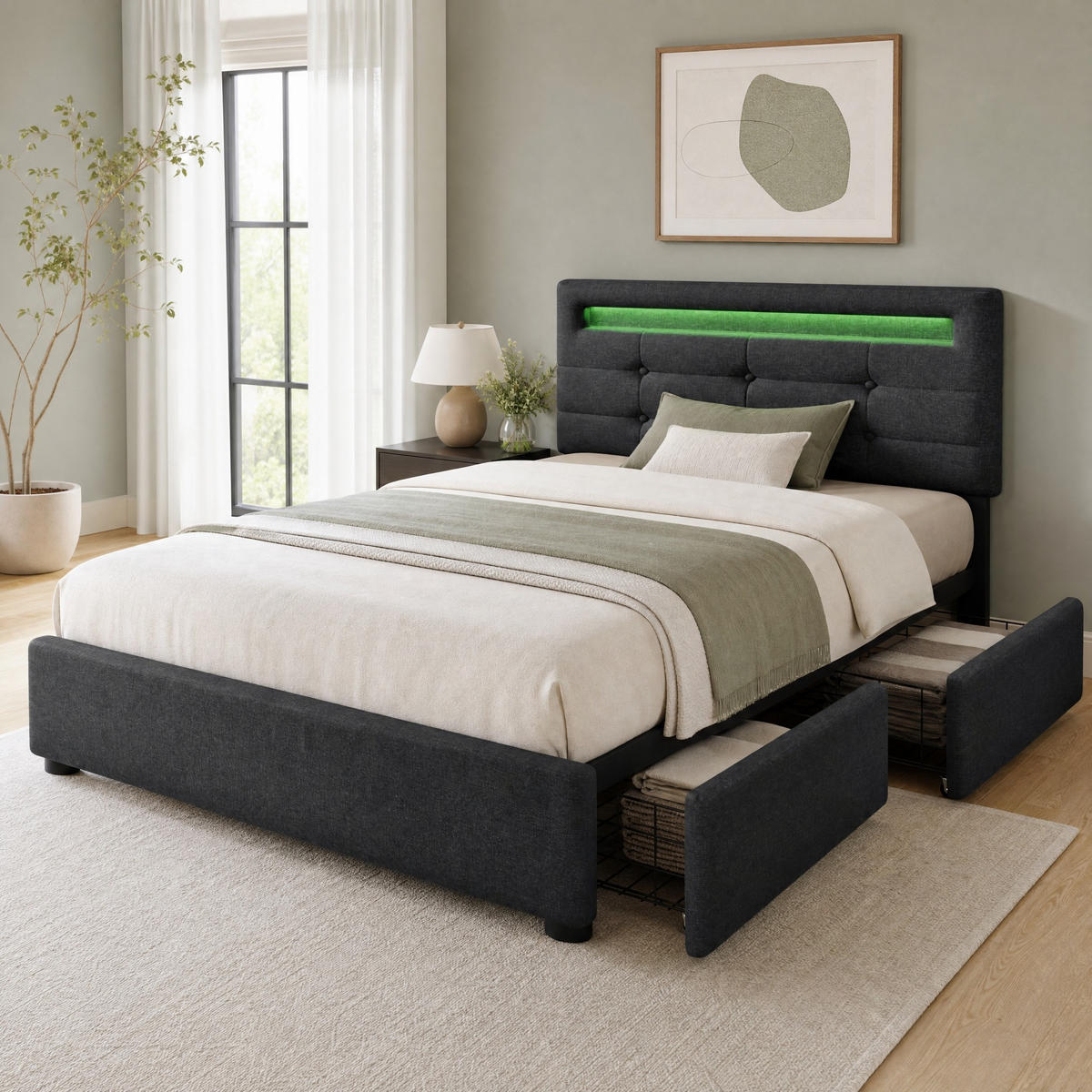 POLSTERBETT 90/200 cm in Grau Leinen mit 2 Schubladen, LED und verstellbarem Kopfteil - Grau, Holzwerkstoff/Textil (90/200cm) - STILVORA