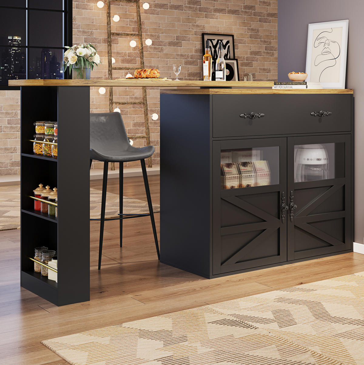 KÜCHENINSEL aus MDF 138-204x39x104cm in Schwarz mit 360° Drehfunktion - Schwarz, Holzwerkstoff (39/104/204cm) - Modfu