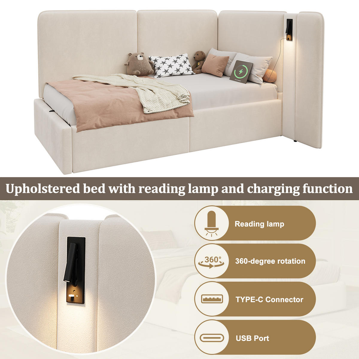 STAURRAUMBETT 90/200 cm DE-03070, mit Hydraulik, Leselampe und Samtbezug, in Beige - Beige, Metall (90/200cm) - ComfortXL