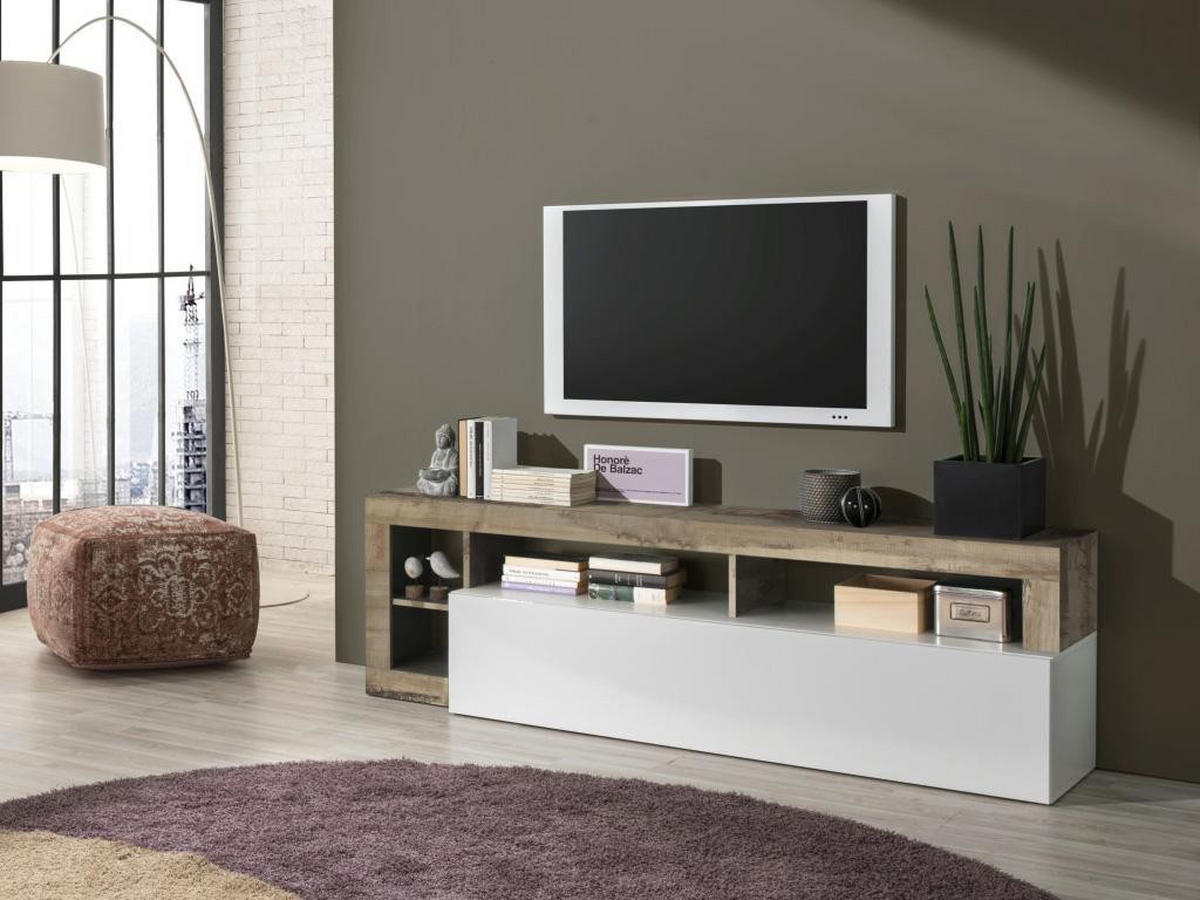 TV-MÖBEL mit 1 Tür & 4 Ablagen - Weiß lackiert & Eichefarben - SEFRO - Naturfarben, Holz (42/58/184cm) - Vente-Unique