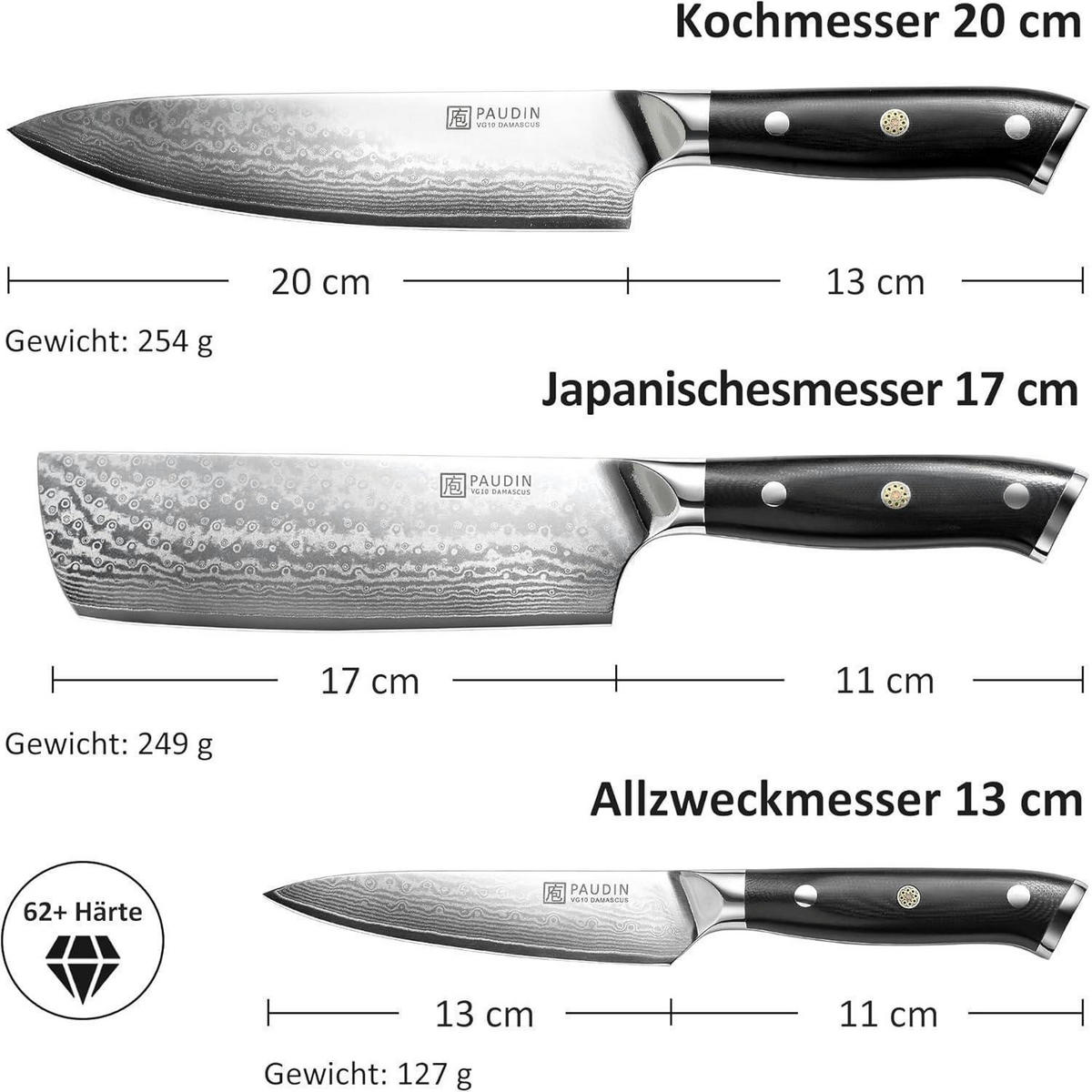 KÜCHENMESSERSET 3-teiliges Set Damaststahl VG10 G10 Griff - Multicolor, Metall