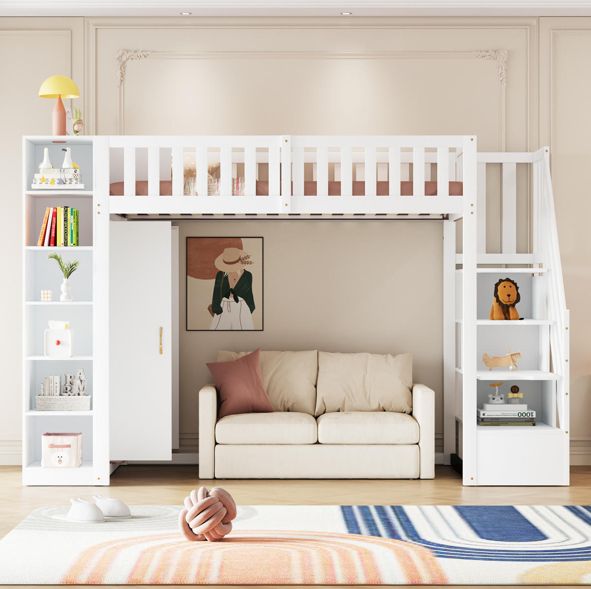 HOCHBETT 90/200 cm mit Kleiderschrank, Regalen und Sicherheitsleiter mit Stauraum, Weiß - Weiß, Holzwerkstoff (90/200cm) - Redom