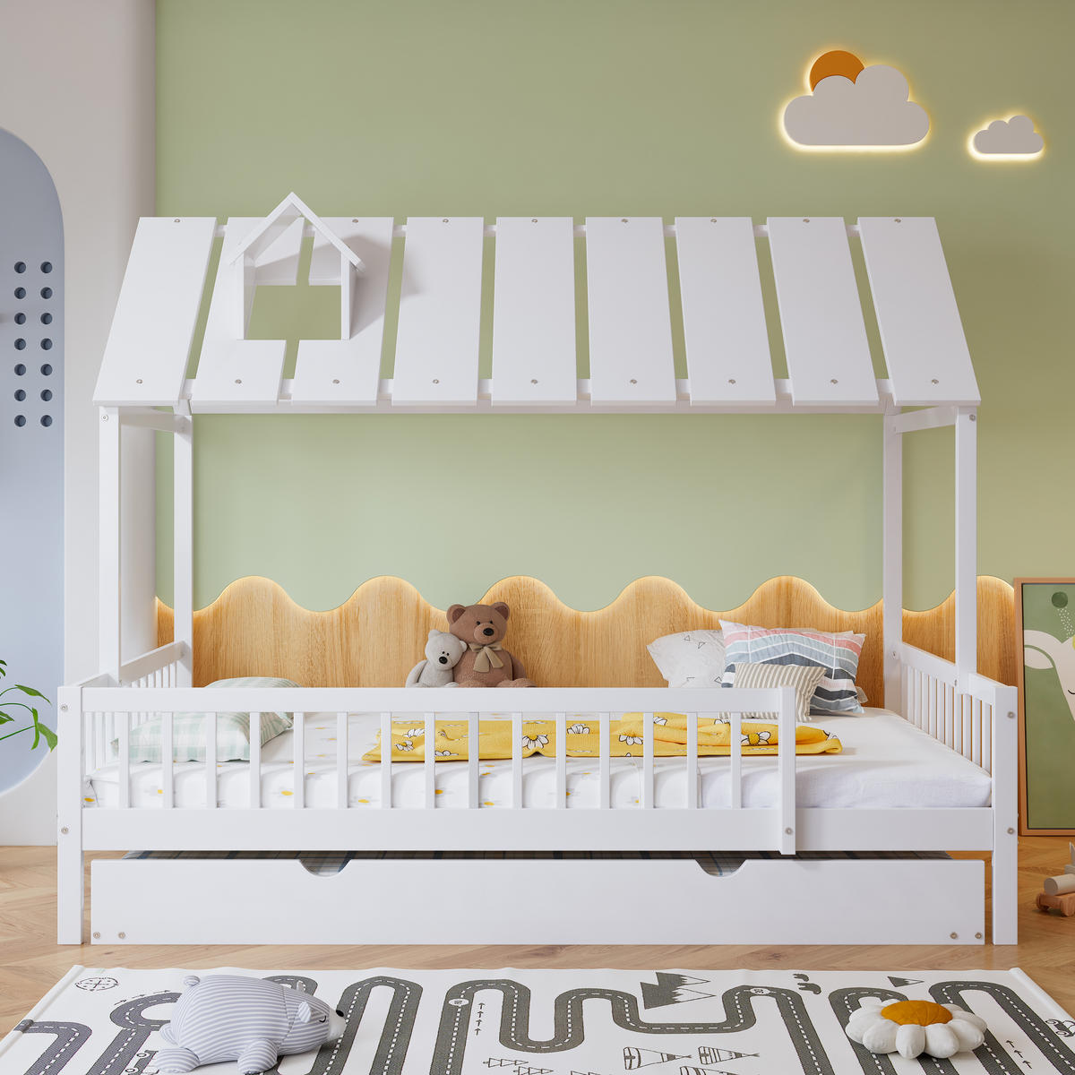 HAUSBETT 120/200 cm und 120/190 cm Weiß mit Rollbett und Dach mit Kaminleiste aus Kiefer+MDF - Weiß, Holzwerkstoff (120/200cm) - OKWISH