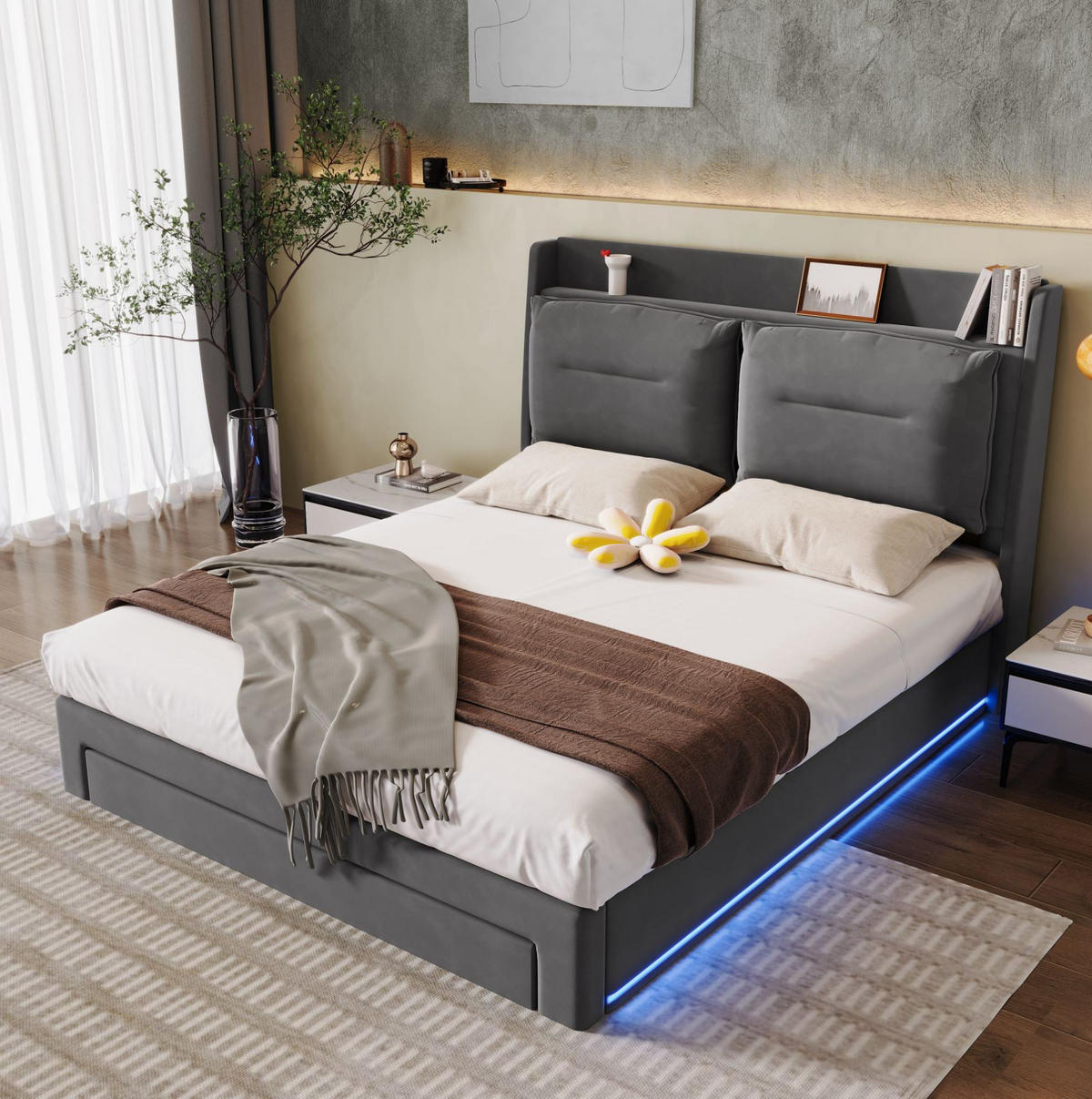 POLSTERBETT mit LED-Beleuchtung 160/200 cm mit Bettkasten und Samtbezug - Dunkelgrau, Textil (160/200cm) - BEAOK