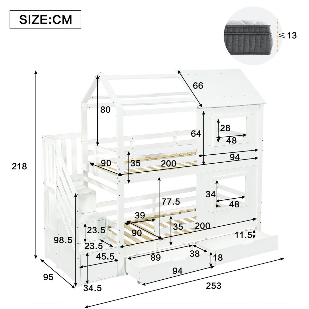 ETAGENBETT aus Kiefer und MDF 90x200 cm Weiß mit Treppenschrank, Rollschublade, Dach und Fenstern - Weiß, Holzwerkstoff (90/200cm) - Modfu