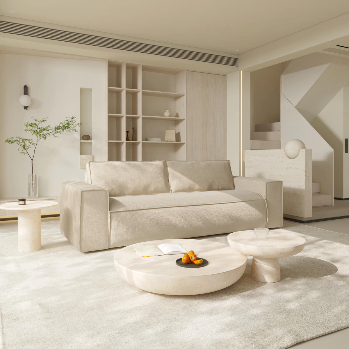 SCHLAFSOFA GERADE Samt Creme 214cm - Creme, Textil (214/90/100cm) - Sia Home