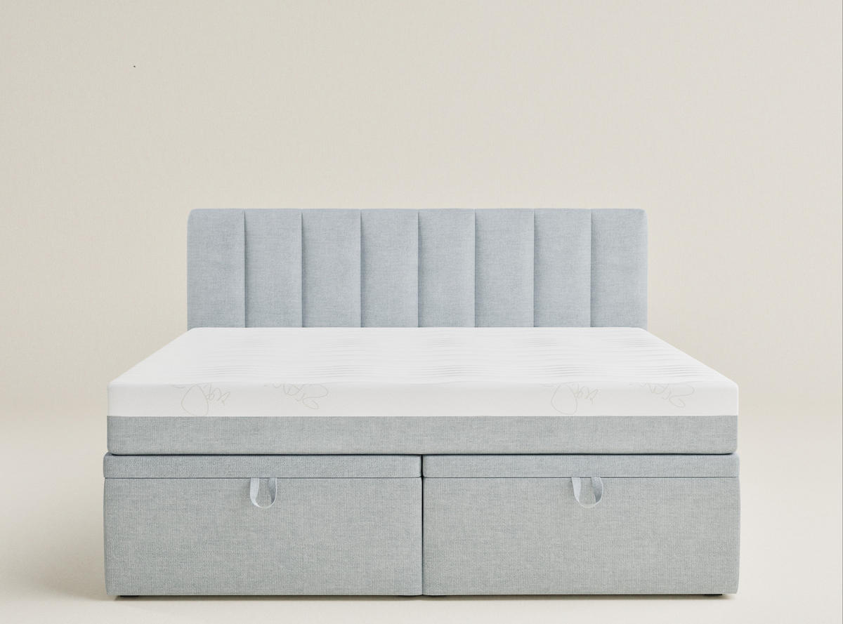 BOXBETT 160/200 cm Lovage S, in Hellblau, Matratze, gepolstertes Kopfteil, Bettkasten, H3 = fest - Schwarz/Hellblau, Holz/Holzwerkstoff (160/200cm) - Maison de Reve
