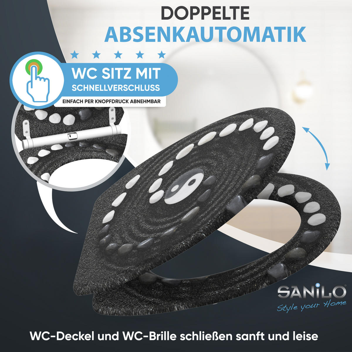 WC-SITZ mit Absenkautomatik & Top Fix Yin Yang - Schwarz, Holzwerkstoff (37.7/5.5/48cm) - Sanilo