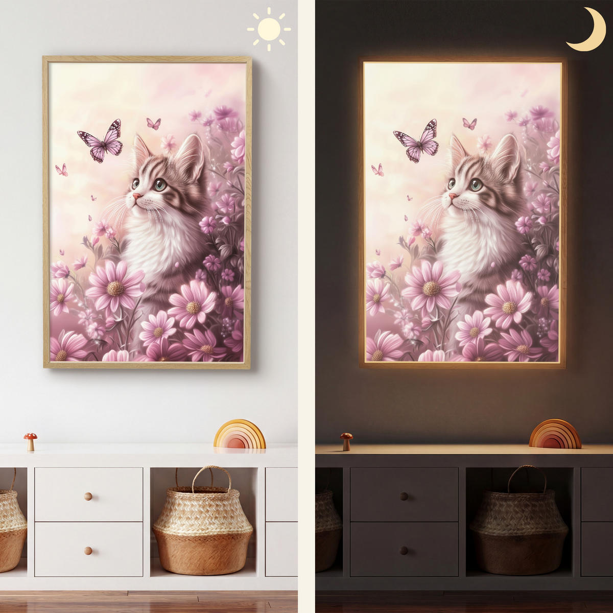 NÁSTĚNNÁ LAMPA S AKUMULÁTOREM Koťátko - Květiny - Motýli - Fialová 60x90 cm - starorůžová, kompozitní dřevo (60/90/8cm) - OnlyWow