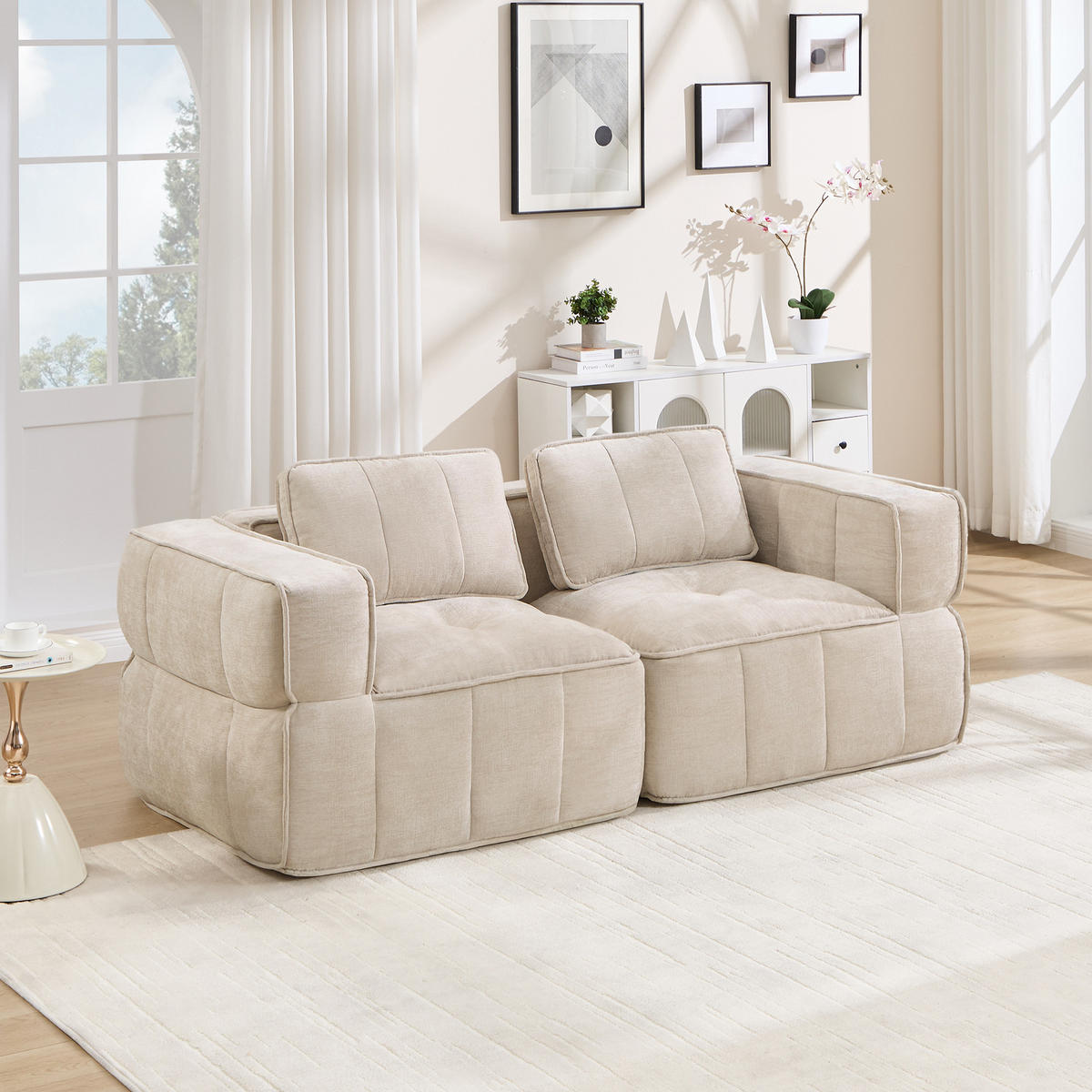 SOFA 198/93/67 cm in Beige aus Polyester mit modularer Sitzfläche - Beige, Kunststoff (93/67/198cm) - Flora Grace