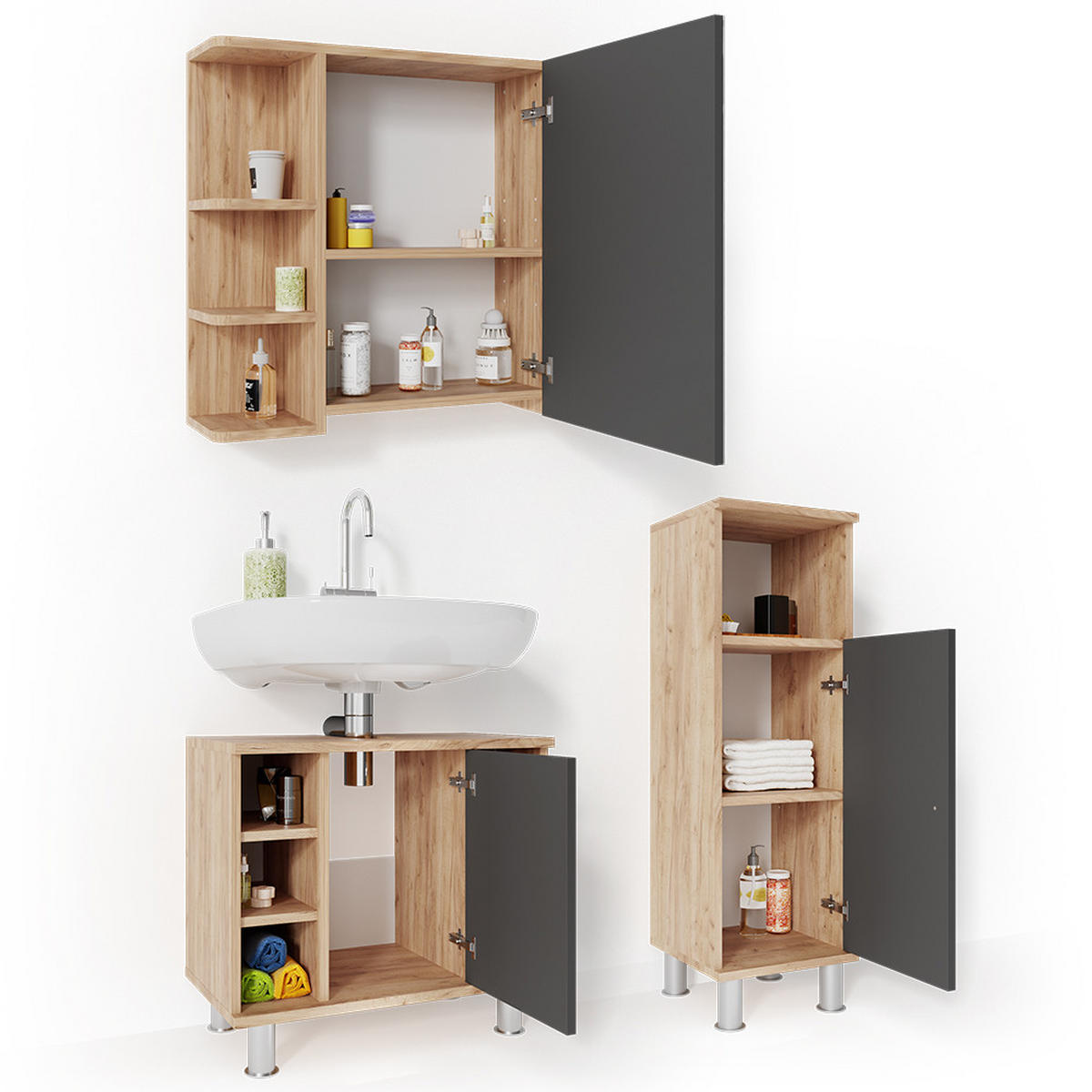 BADMÖBEL-SET Fynn Eiche 3 Teile, mit Midischrank - Eichefarben/Anthrazit, Holzwerkstoff (60/54/32cm) - Vicco