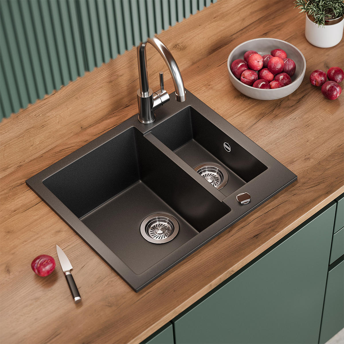 SPÜLBECKEN Prag Schwarz 58 x 50 cm mit 2 Spülen - Schwarz, Keramik (58/28/50cm) - Bergstroem