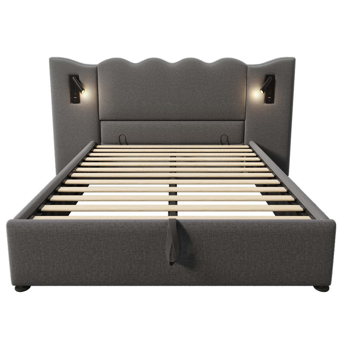 POLSTERBETT 160/200 cm Grau aus Leinen mit Stauraum und Leselampe - Grau, Textil (160/200cm) - OKMYHOME