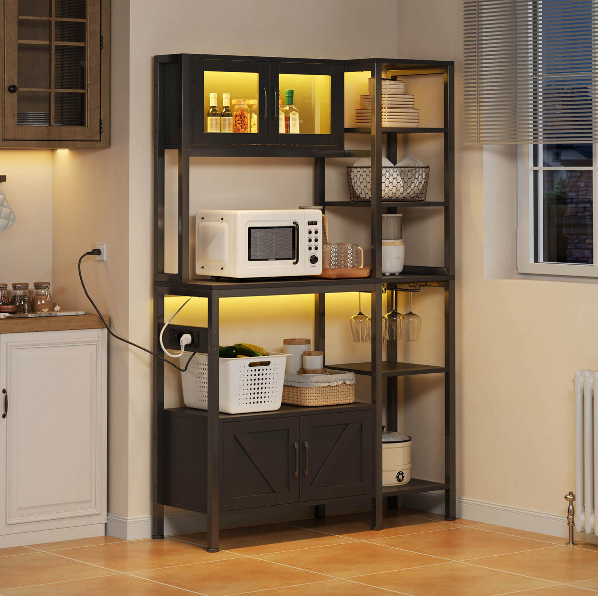 BUFFET 115/40/180 cm schwarz aus MDF und Stahl mit LED - Schwarz, Holzwerkstoff (115/180/40cm) - OKWISH