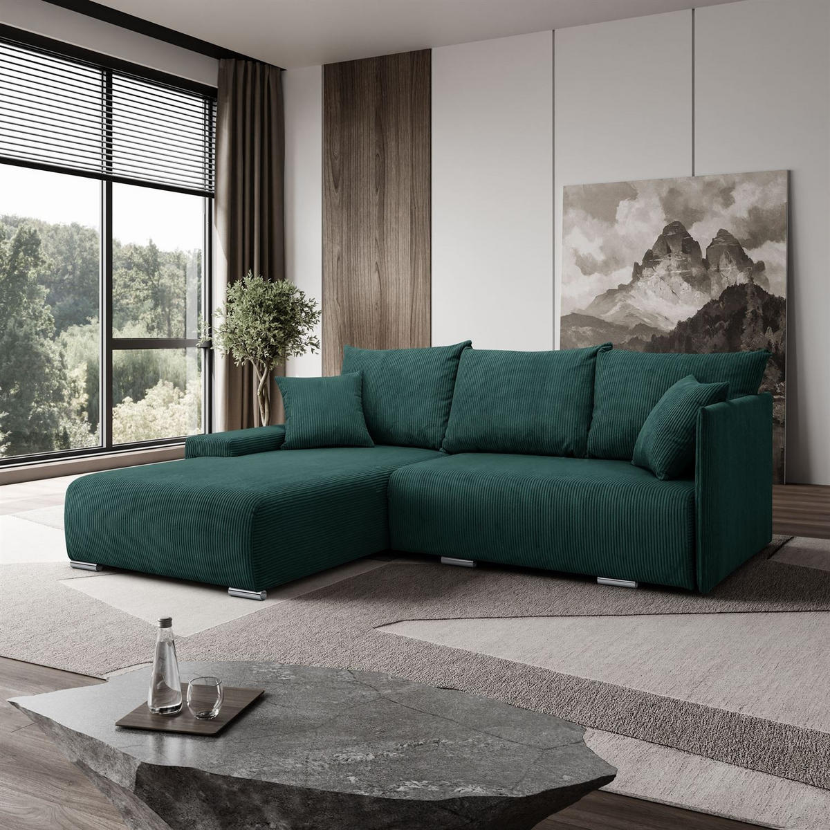 ECKSOFA LAVIO L mit Schlaffunktion und Bettzeugkasten Linke - Grün, Textil (246/188cm) - Lookway