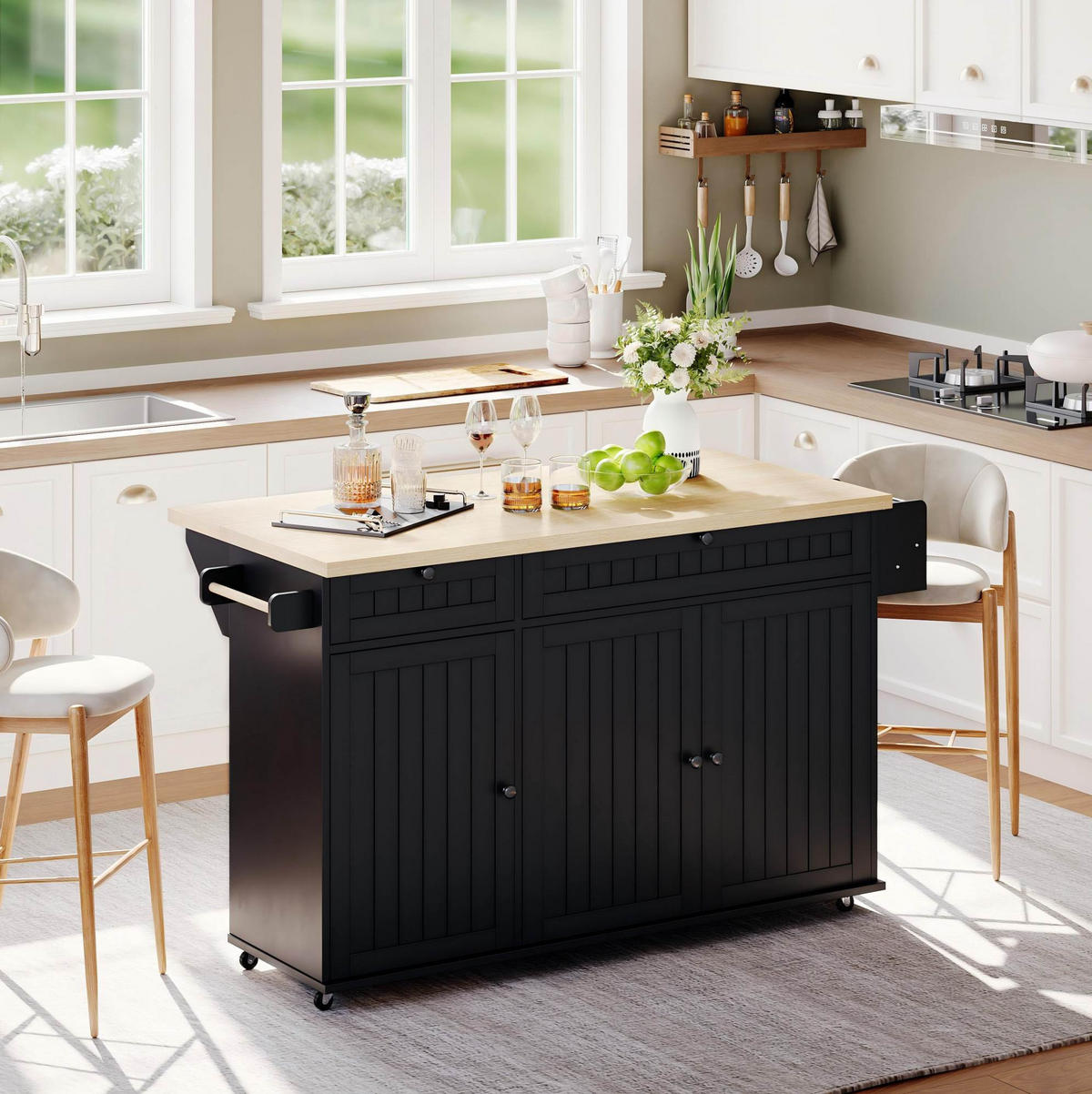 KÜCHENINSEL mit klappbarer Arbeitsplatte 137 cm MDF Natur/Schwarz - Schwarz, Holz (70/89.5/137cm) - Beauniv