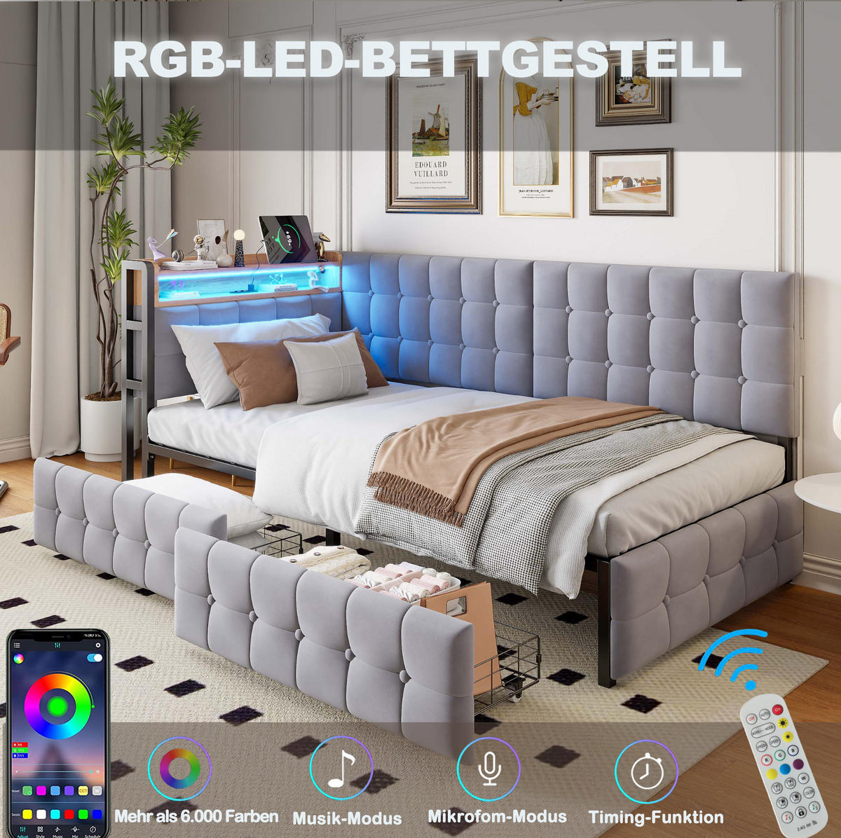 POLSTERBETT 90/200 cm Grau aus Samt mit 2 Schubladen - Grau, Textil (90/200cm) - OKMYHOME