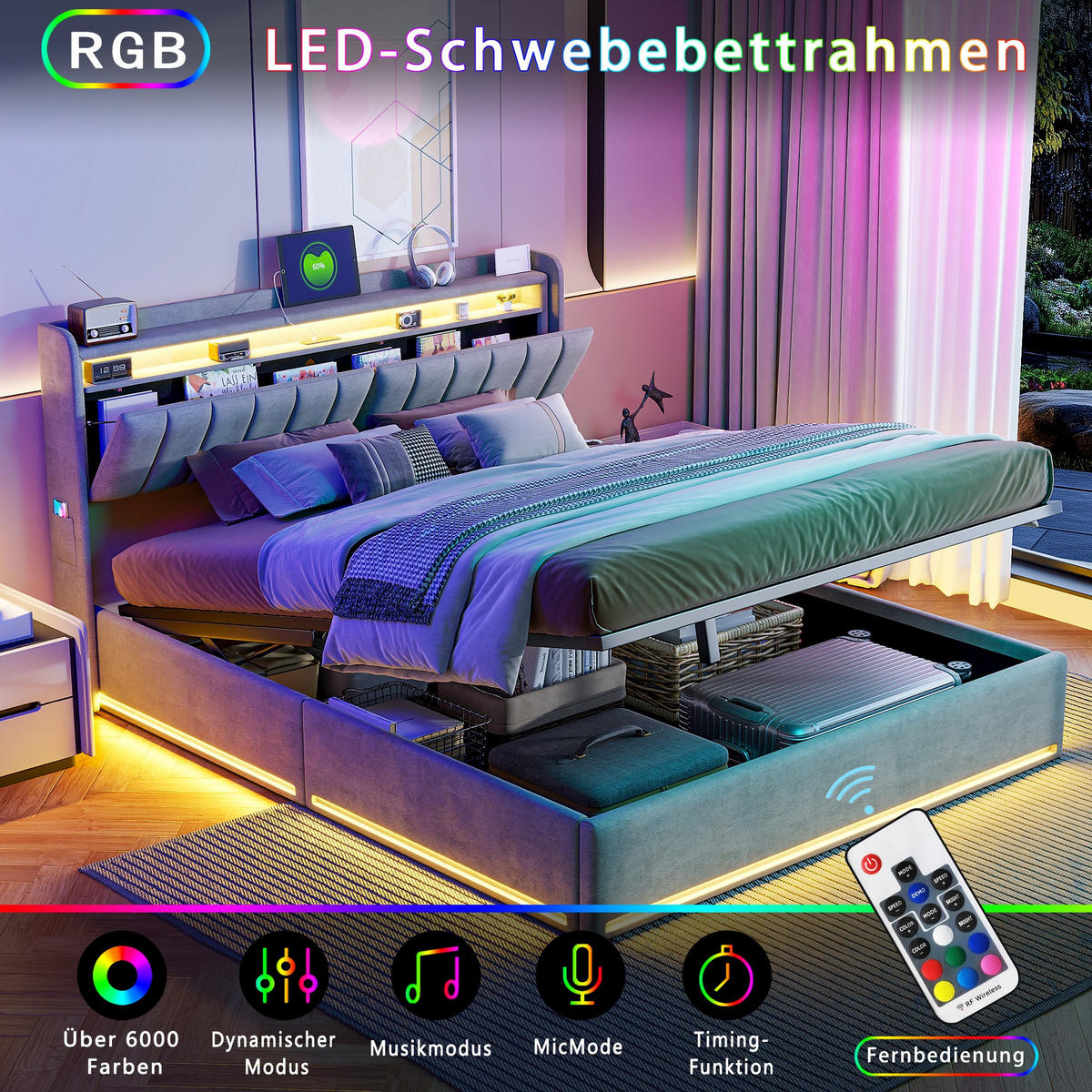 POLSTERBETT 140x200 cm Luna Comfort mit Hydraulik-Stauraum, LED-Beleuchtung und Stauraum-Kopfteil, Samt Grau - Grau, Textil (140/200cm) - DELFA