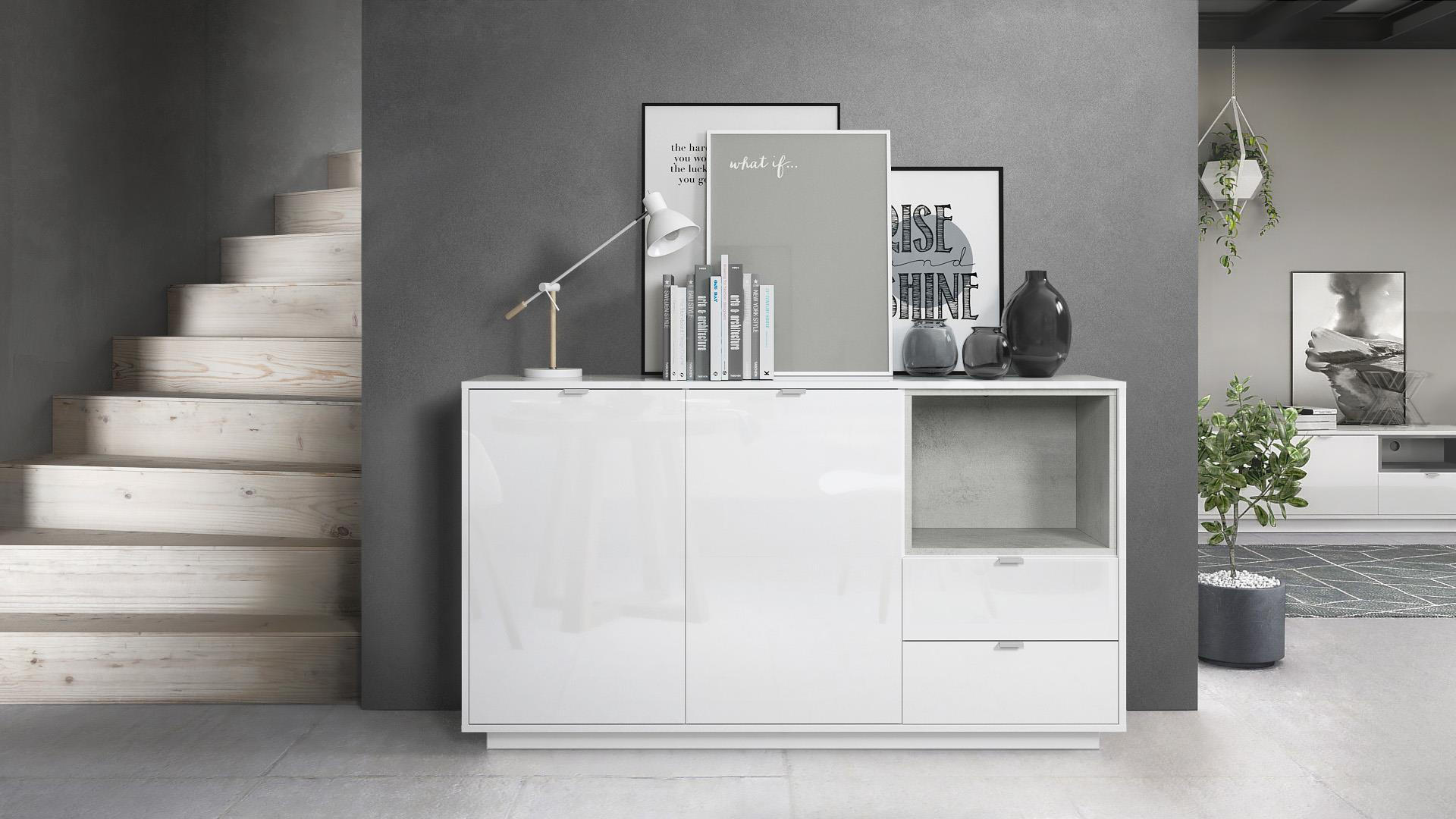 SIDEBOARD Metro Einsatz in Beton Oxid Optik - Hellgrau, Holzwerkstoff (153/88/38cm) - Vladon