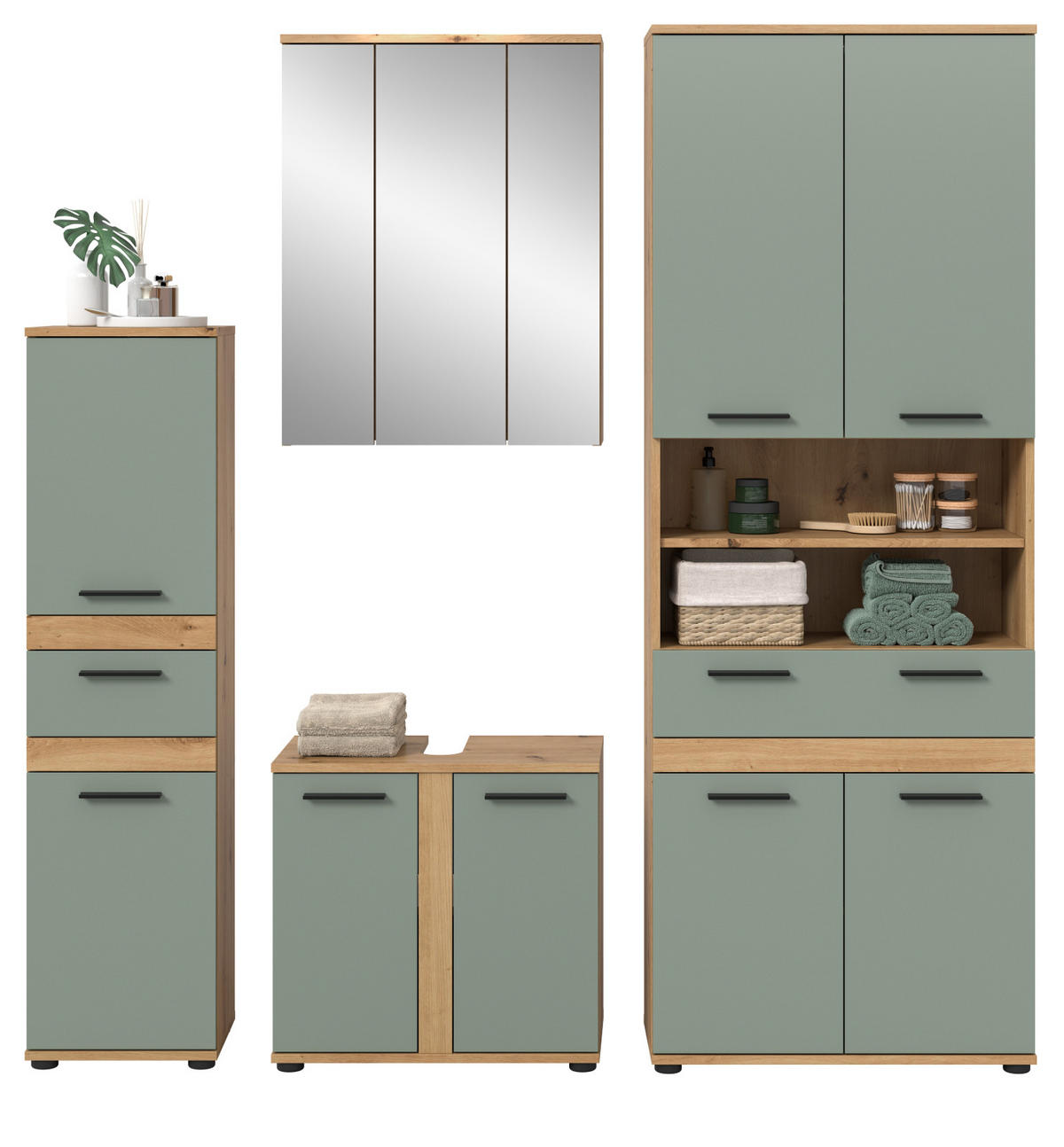 BADMÖBEL-SET 4-teilig Salbei grün, Artisan Eiche 195 cm, Badkombination mit viel Stauraum - Salbeigrün/Schwarz, Glas/Holzwerkstoff (195/191/34cm) - Inn.Furn