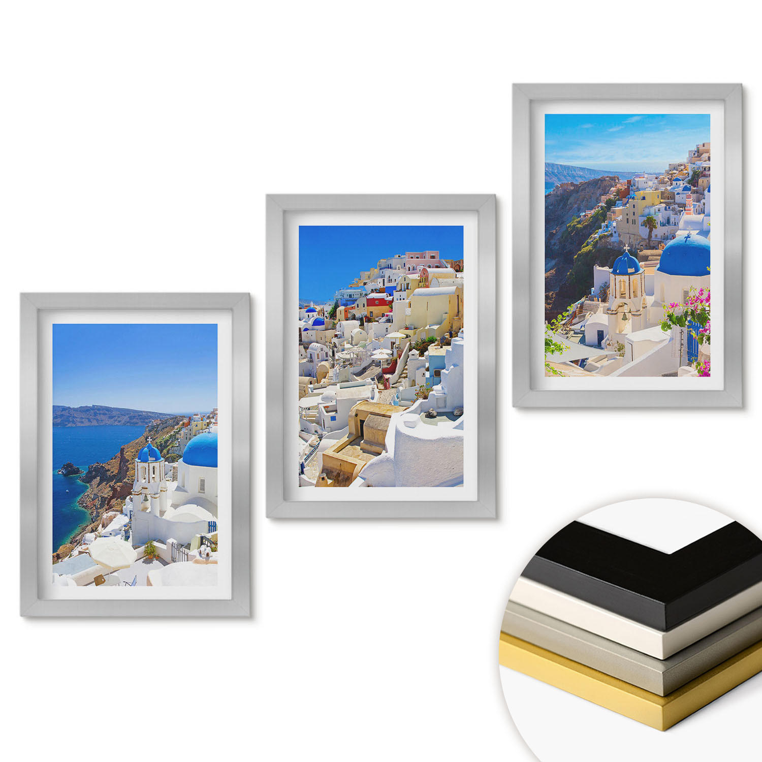 WANDBILDER 3er Set - 20x30 cm Silberner Rahmen - Landschaftsarchitektur Oia Santorini - Silberfarben, Kunststoff (20/30cm) - ArtPrintCave