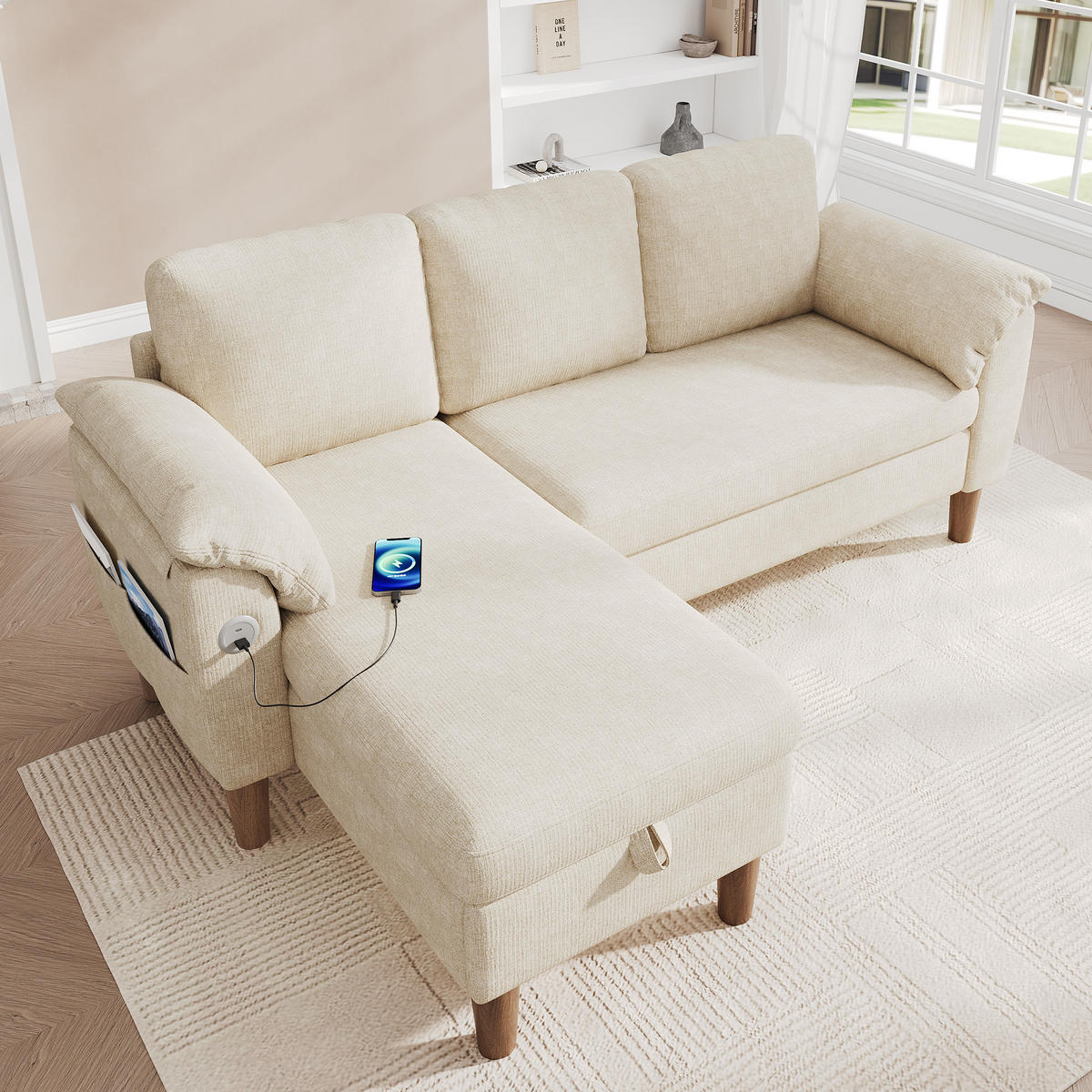 ECKSOFA 181/125/88 cm Beige mit Stauraum-Chaiselongue und USB/Type-C-Ladeanschluss - Beige, Textil (181/125cm) - Oxeza