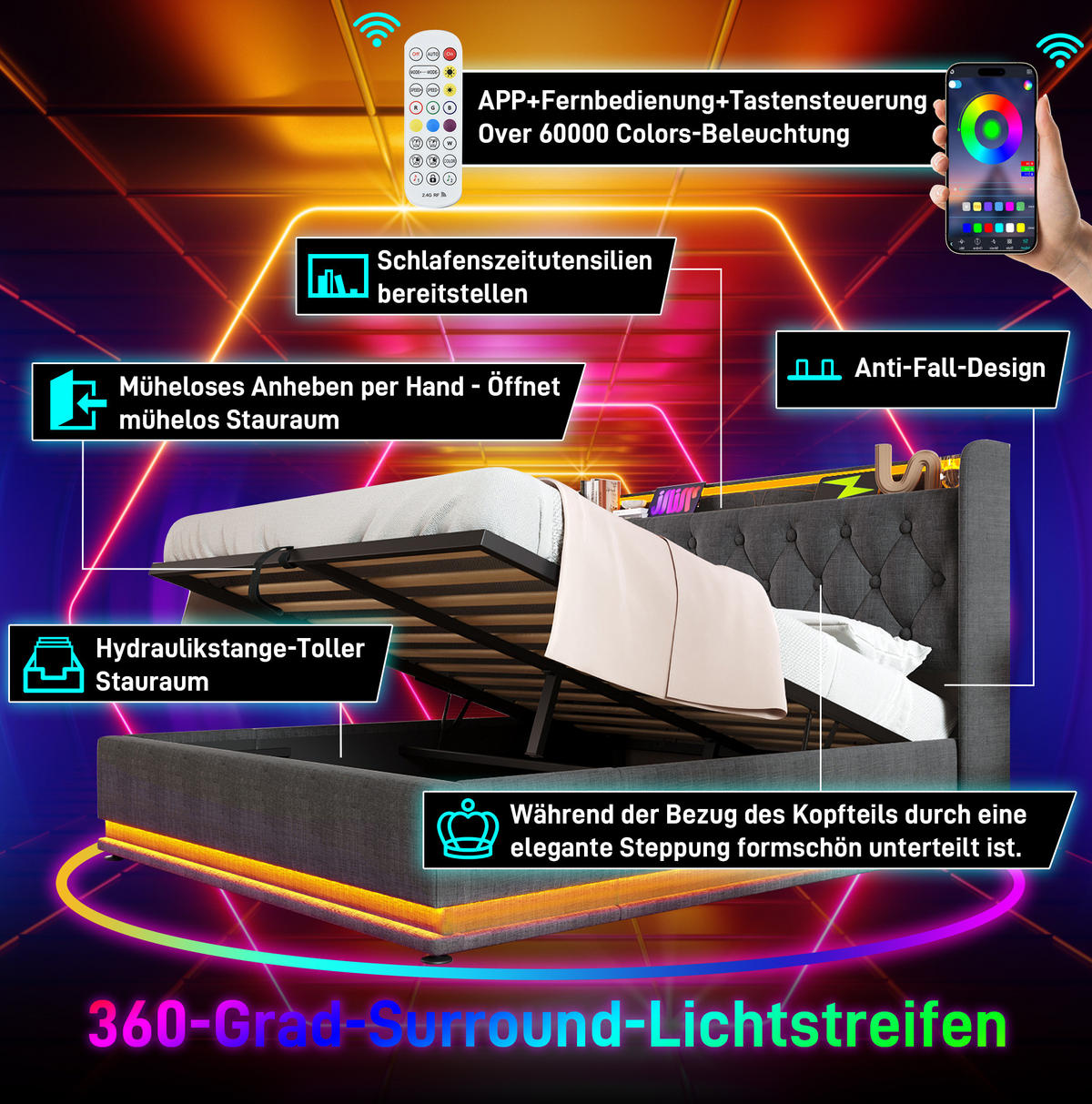 POLSTERBETT mit LED-Beleuchtung 140/200 cm mit Bettkasten und USB-C, Grau - Grau, Textil (140/200cm) - BEAOK