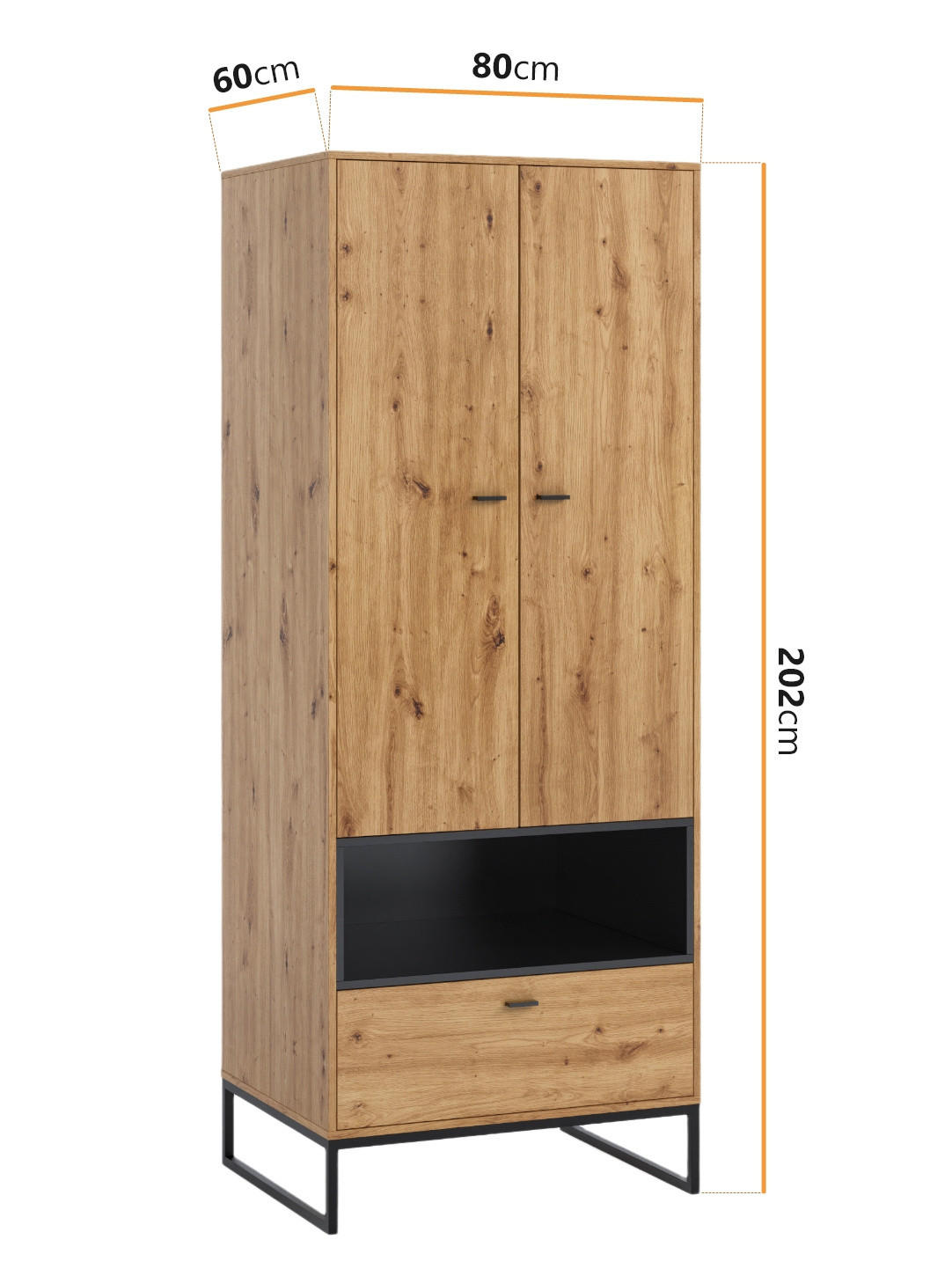 KLEIDERSCHRANK Randy mit Schublade 80/202/60 - Schwarz/Eiche Artisan, Holzwerkstoff/Kunststoff (80/202/60cm) - Ravio