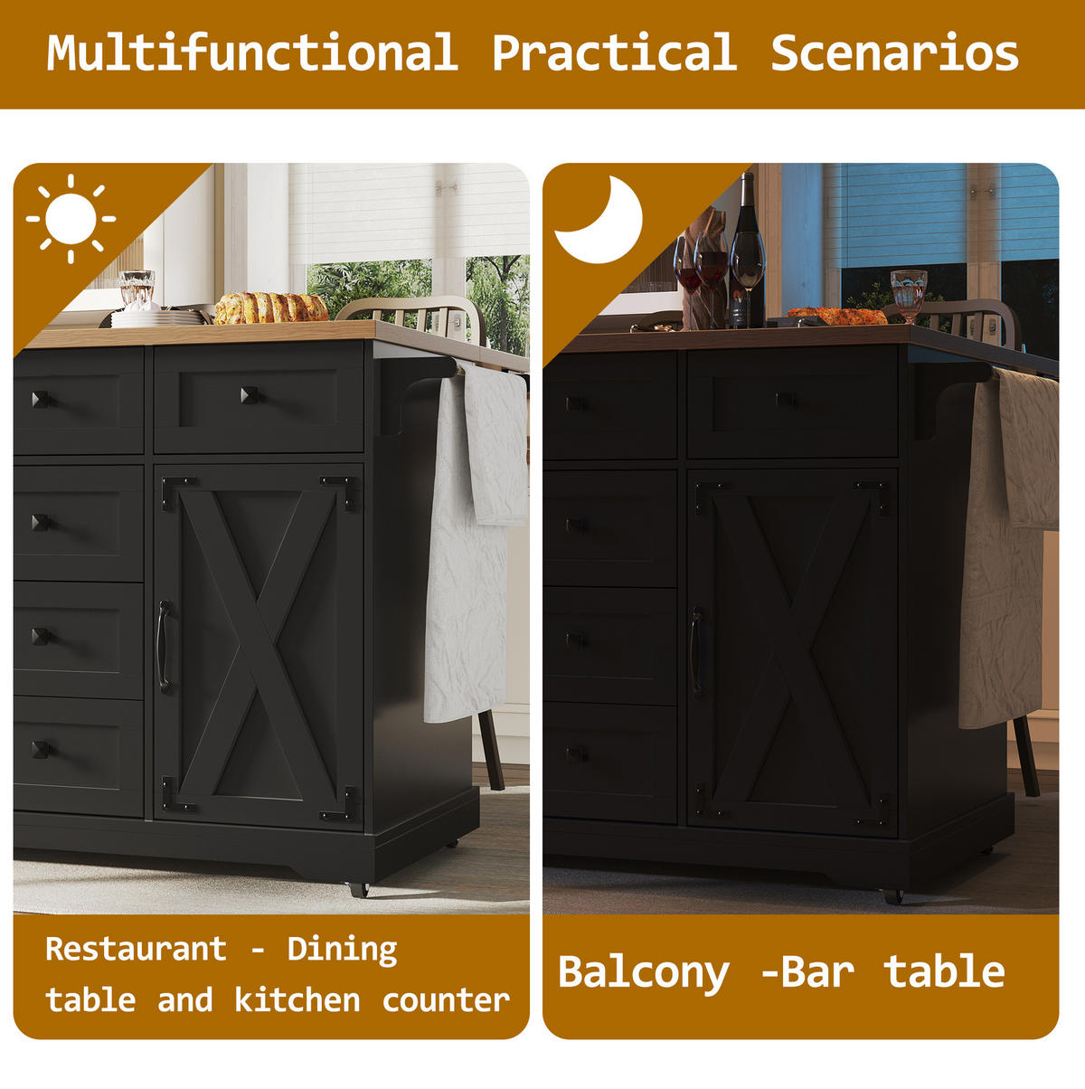 KÜCHENINSEL 147/93/44 cm Schwarz aus MDF und Metall mit Klappfunktion - Schwarz, Holzwerkstoff (44/93/147cm) - OKMYHOME