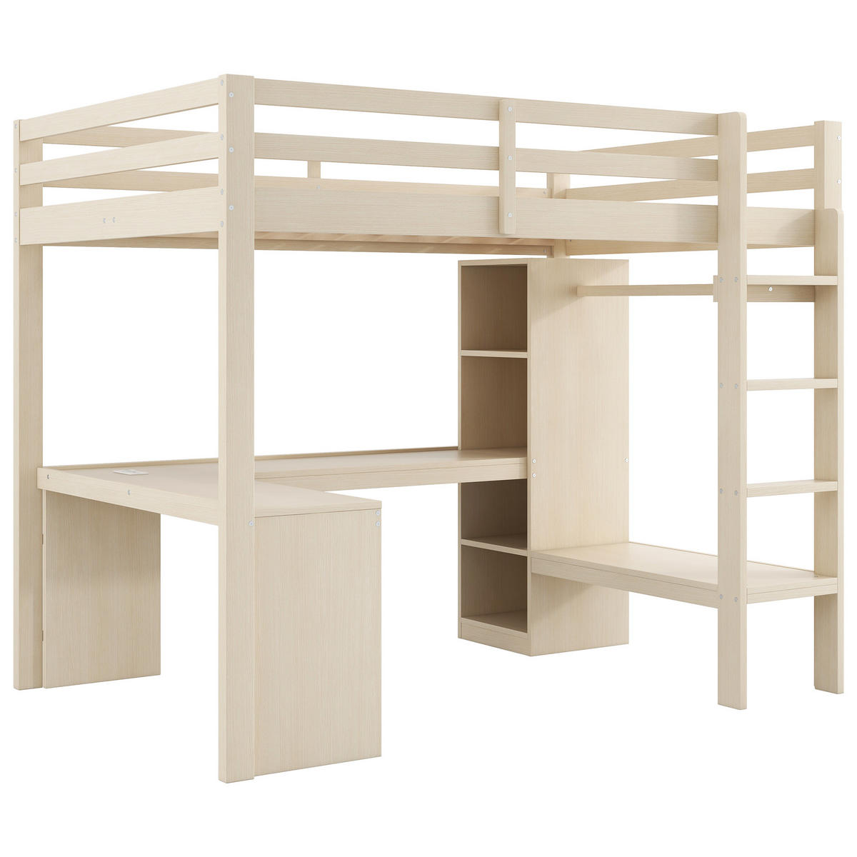 HOCHBETT 140x200 cm mit Schreibtisch, Multifunktionsregalen und Kleiderschrank, LED und Ladestation, natur - Naturfarben, Holzwerkstoff (140/200cm) - Luhomfu