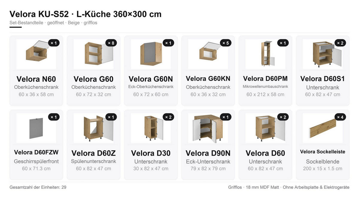 WINKELKÜCHE 360 x 300 cm VELORA – KU-S52 – Beige - Beige, Holzwerkstoff (360/248/300cm) - hi-markt