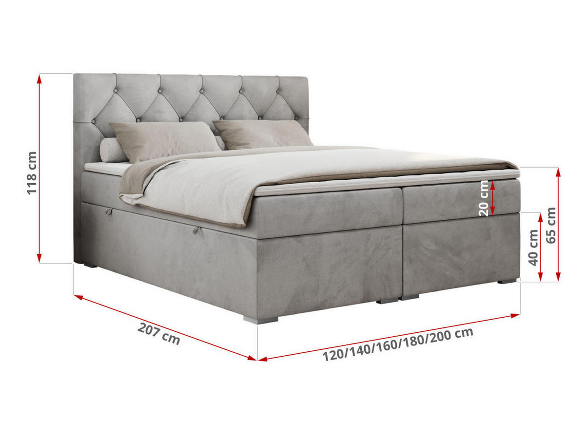 BOXBETT ALDA 160/200 Hellgrau Velvet - H3 - Hellgrau, Holz/Textil (160/200cm) - MKS