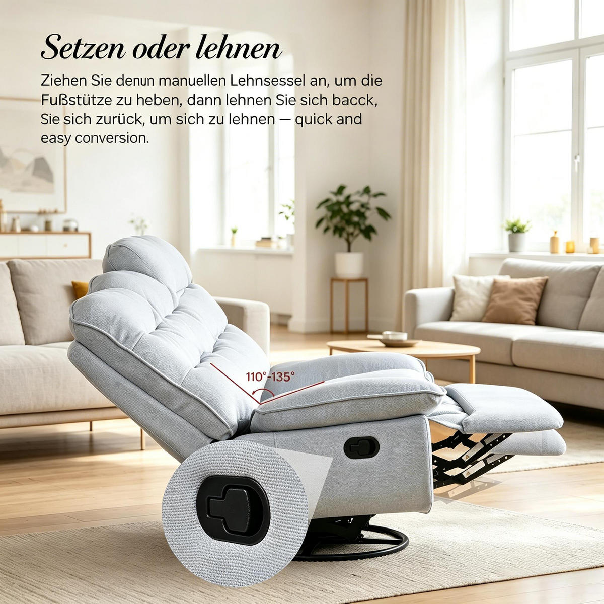 RELAXSESSEL 360° drehbar mit Fußstütze und Stauraum, DE-42187, Hellgrau - Hellblau, Metall (49.5/106/95cm) - ComfortXL