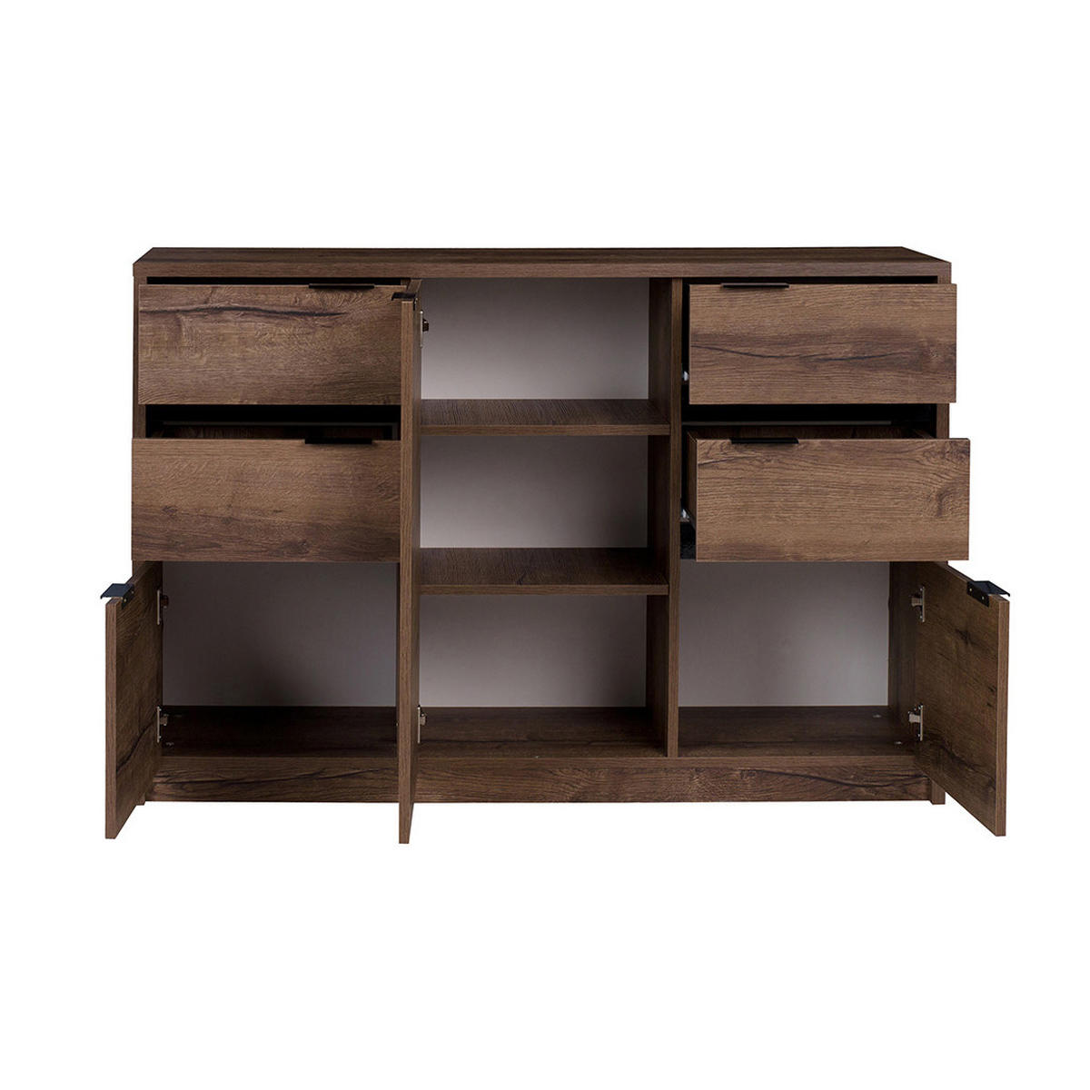 KOMMODE Devon mit 3 Türen und 4 Schubladen, Eiche monastery - Eichefarben/Schwarz, Holzwerkstoff/Metall (135/90/40cm) - Beautysofa