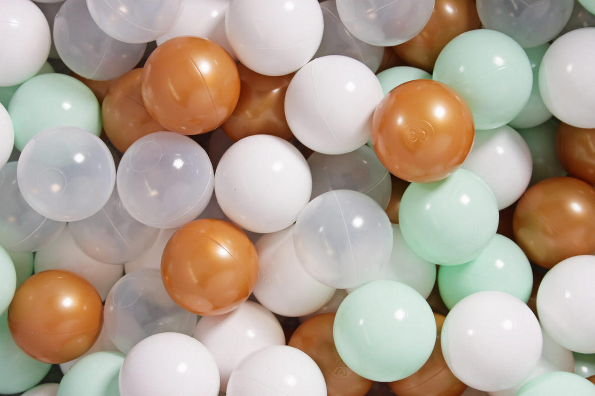 BÄLLE für Bällebad, Spielbälle, Plastikbälle für Kinder Set 50 pcs.: Gold/Transparent/Mint/Weiß - Mintgrün, Textil (7/7/7cm) - MeowBaby
