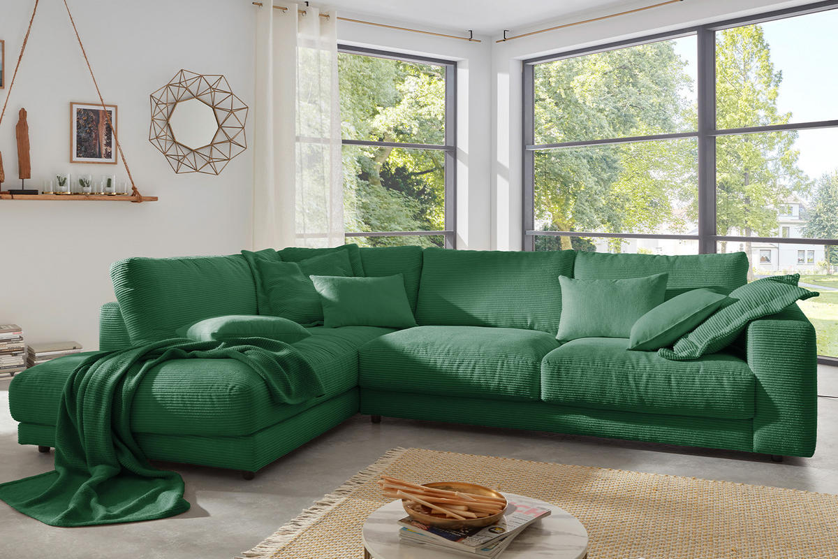 ECKSOFA MADELINE Smaragdgrün Cord - Smaragdgrün/Schwarz, Kunststoff/Textil (325/224cm) - KAWOLA