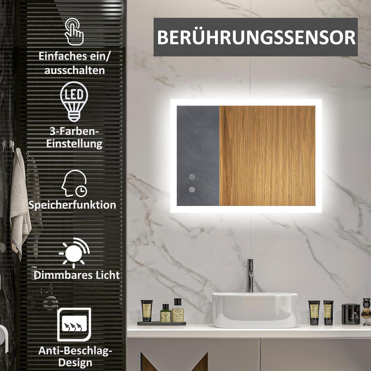 BADSPIEGEL, Badezimmerspiegel mit LED-Beleuchtung, Memory-Funktion, 70 x 50 cm - Silberfarben, Glas (50/3/70cm) - Kleankin