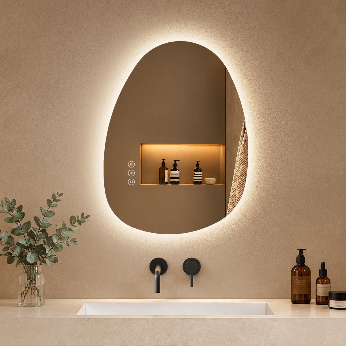 BADEZIMMERSPIEGEL mit Beleuchtung 60/45 cm asymmetrisch LED dimmbar mit Antibeschlag - Transparent, Glas (45/60/2.5cm) - S'AFIELINA