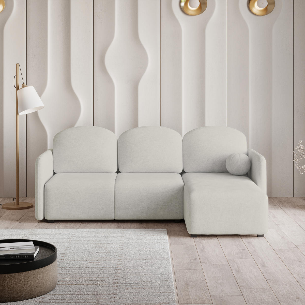 ECKSOFA SUVINO Creme Geflochtener Stoff mit Schlaffunktion - Creme, Holz (230/143cm) - MASSENO