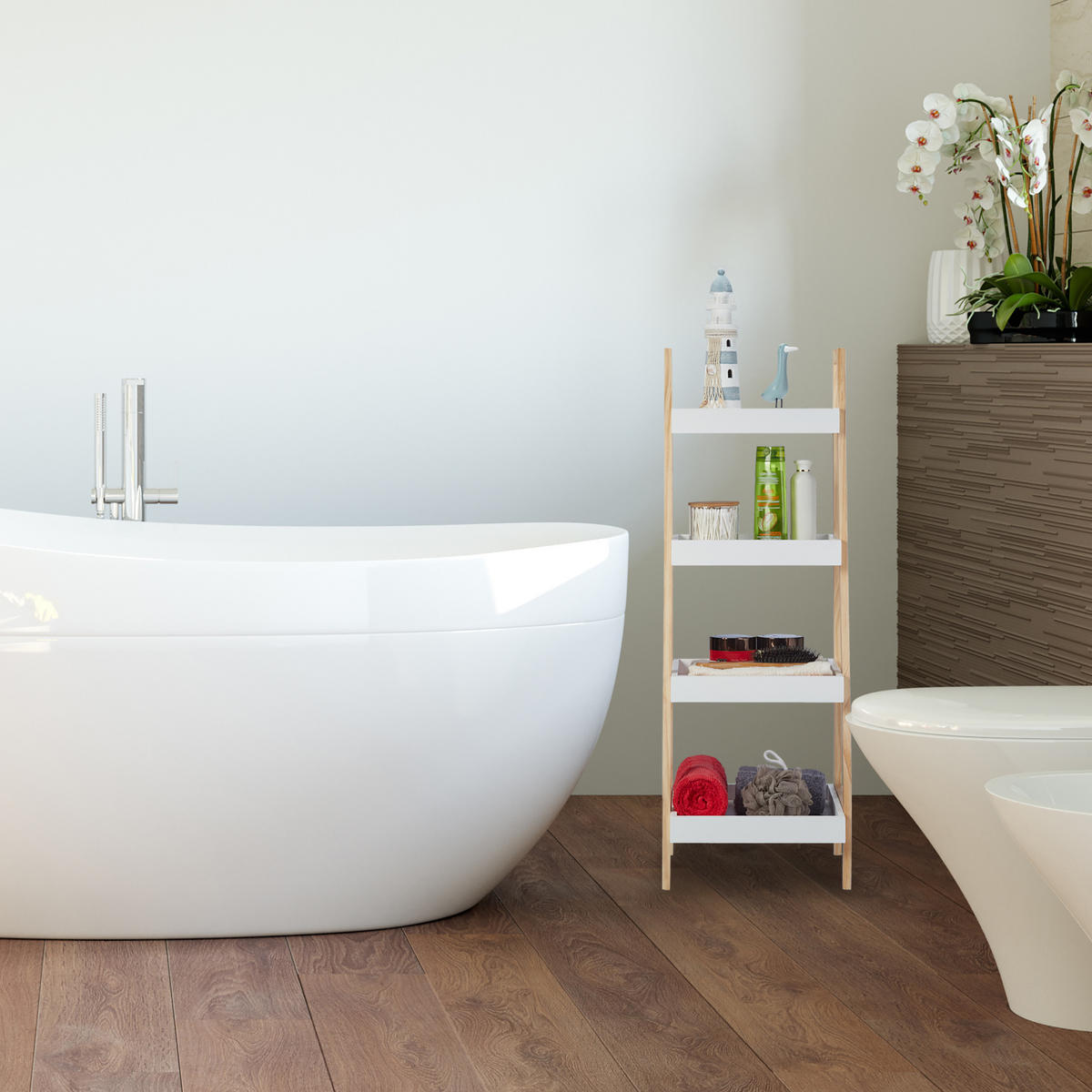 BADREGAL - Weiß, Holz/Holzwerkstoff (34.5/98.5/36cm) - Relaxdays