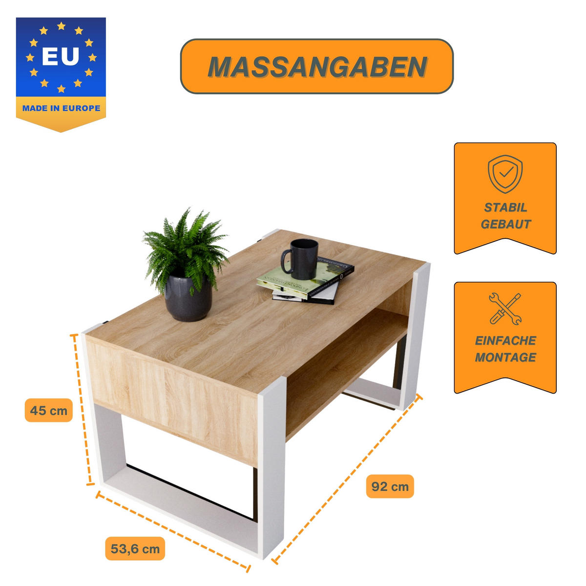 COUCHTISCH Holzwerkstoff rechteckig stabil Sonoma Eiche 45/53,6/92cm - Weiß/Sonoma Eiche, Holzwerkstoff (53.6/92/45cm) - CraftPAK
