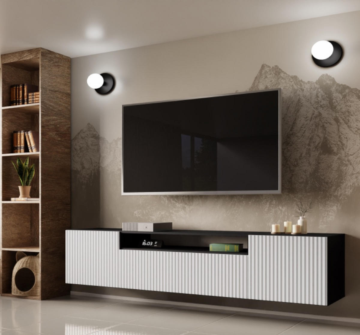 TV-LOWBOARD Schwarz-Weiß NOELI Hängend Mit Gerillten Fronten - Weiß, Holzwerkstoff (200/40/41cm) - Sepro Meble