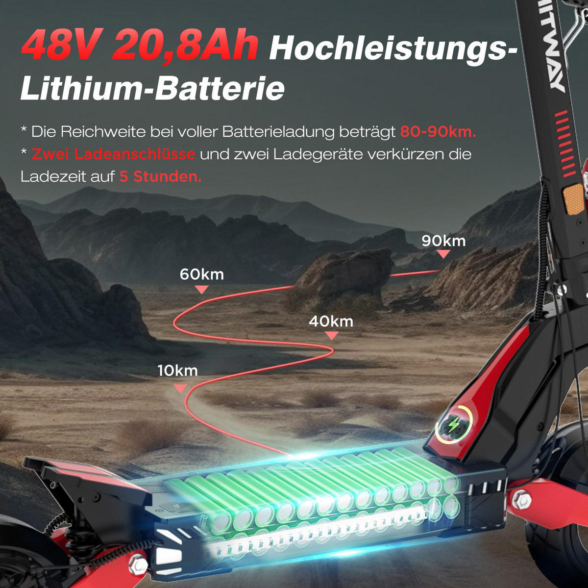 E-SCOOTER H10 ABE 20,8Ah Max 90km - Schwarz, Metall (68/140/125cm) - HITWAY