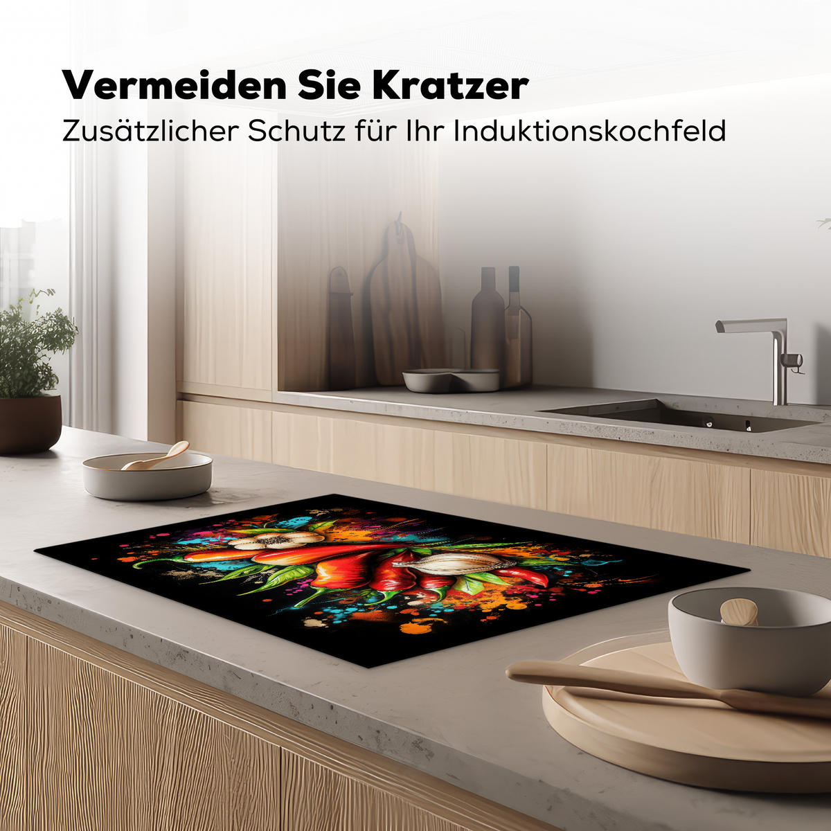 HERDABDECKPLATTE Gemüse - Paprika - Knoblauch - Graffiti - Farbe - Bunt 76x51 cm - Rot, Kunststoff (76/51.5/0.2cm) - MuchoWow